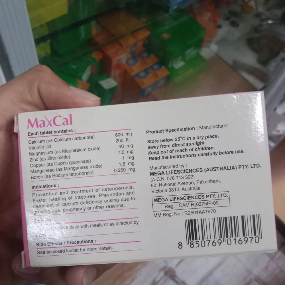 MaxCal Calcium 600 mg, vitamin D3 200 IU, magnesium 40 mg, zinc 7.5 mg, copper 1 mg, manganese 1.8 mg and boron 0.250 mg tablets