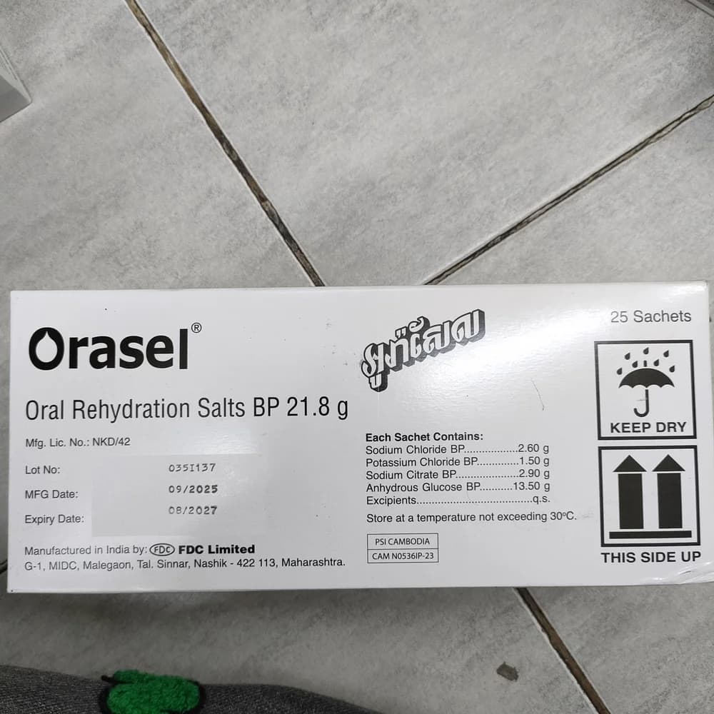 Orasel Sachet of 21.8 g (Sodium chloride 2.60 g, Potassium chloride 1.50 g, Sodium citrate 2.90 g, Anhydrous glucose 13.50 g)