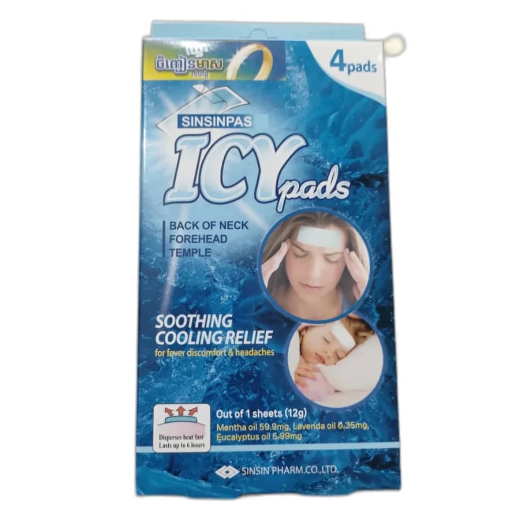 Sinsinpas Icy Pads Menthol 59.9 mg / Lavender oil 0.35 mg / Eucalyptus oil 5.99 mg per sheet