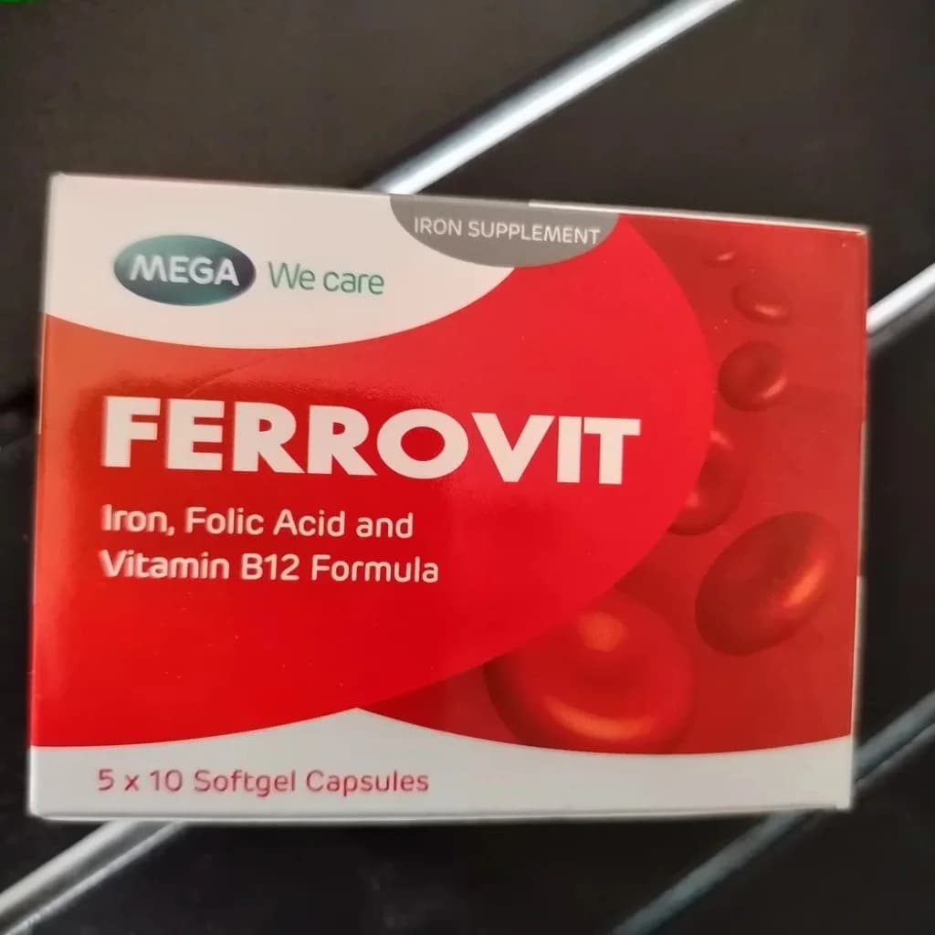 Ferrovit Ferrous fumarate 162 mg (equivalent to 53.25 mg iron), Folic acid 0.75 mg, Vitamin B12 7.50 mcg per softgel capsule