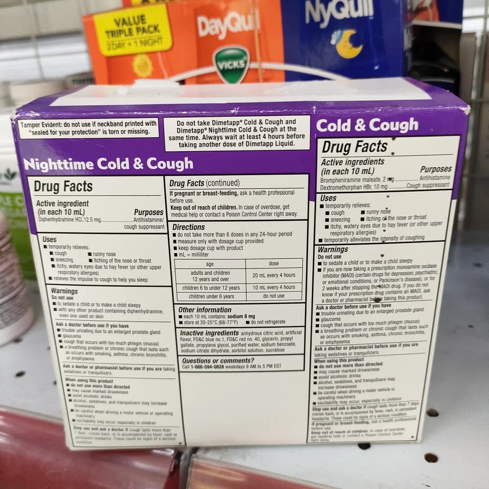 Children's Dimetapp Cold & Cough Triple Pack Cold & Cough: Brompheniramine maleate 2 mg + Dextromethorphan HBr 10 mg per 10 mL; Nighttime Cold & Cough: Diphenhydramine HCl 12.5 mg per 10 mL