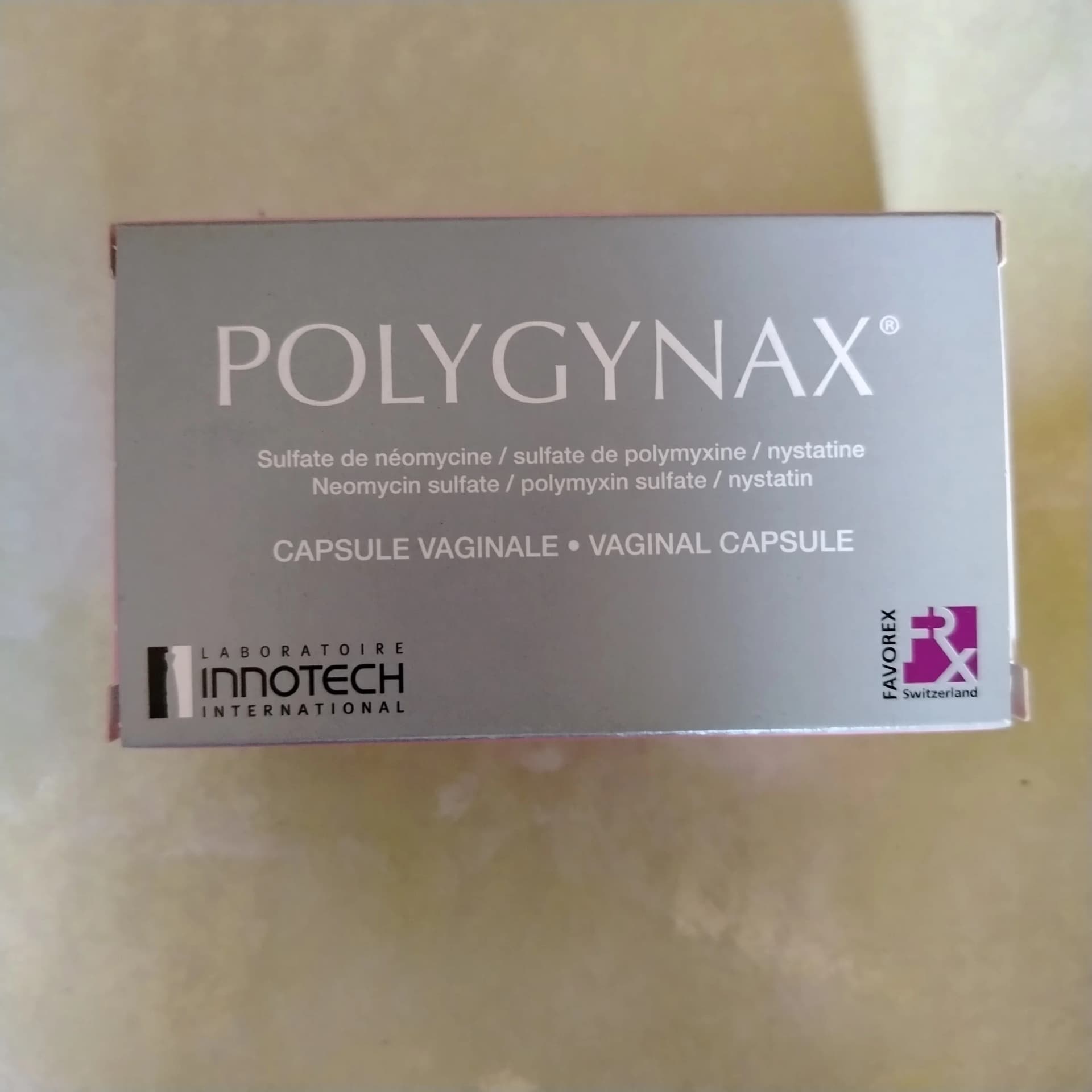 Polygynax Neomycin sulfate 35 000 IU, Polymyxin B sulfate 35 000 IU, Nystatin 100 000 IU per vaginal capsule