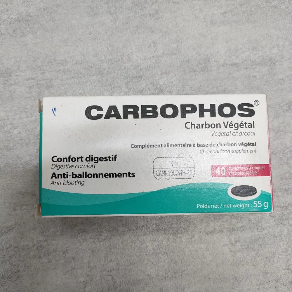 Carbophos Charbon Végétal 55g Charcoal food supplement, 55 g net weight per box