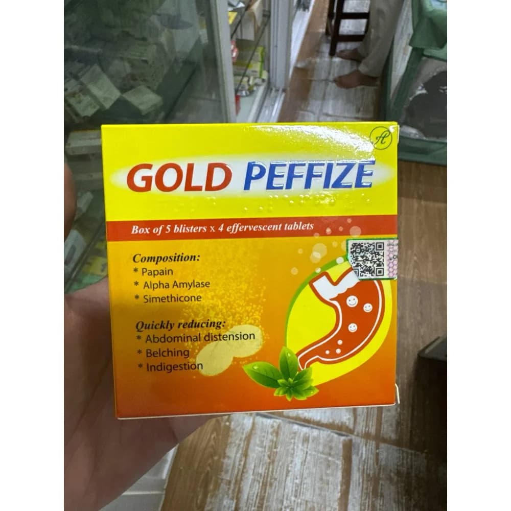 Gold Peffize Papain 60 mg, alpha amylase 20 mg and simethicone 25 mg per effervescent tablet, with bicarbonate salts and excipients