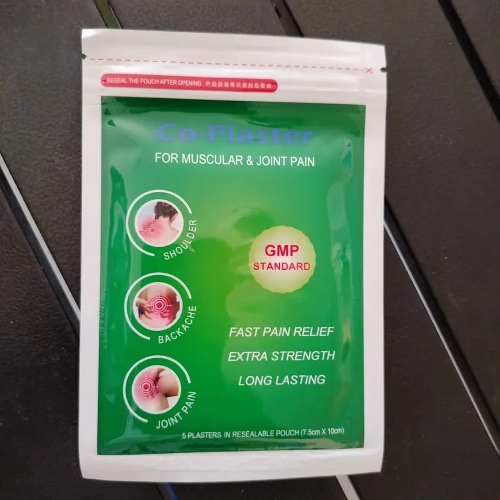 Co-Plaster Medicated plaster (7.5 cm x 10 cm) for muscular and joint pain; 5 plasters per resealable pouch