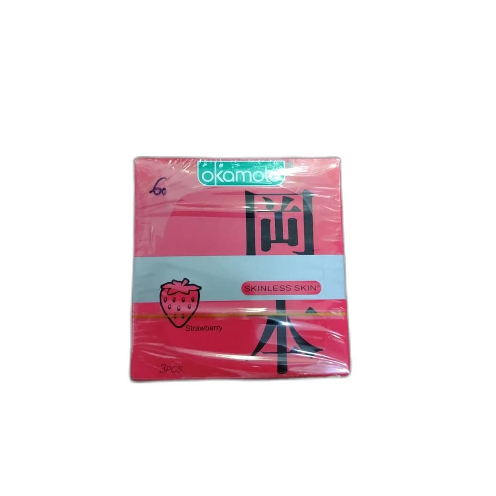 Okamoto Skinless Skin Strawberry Nominal width 53 ± 2 mm; nominal length 185 ± 7 mm; 3 pieces per box