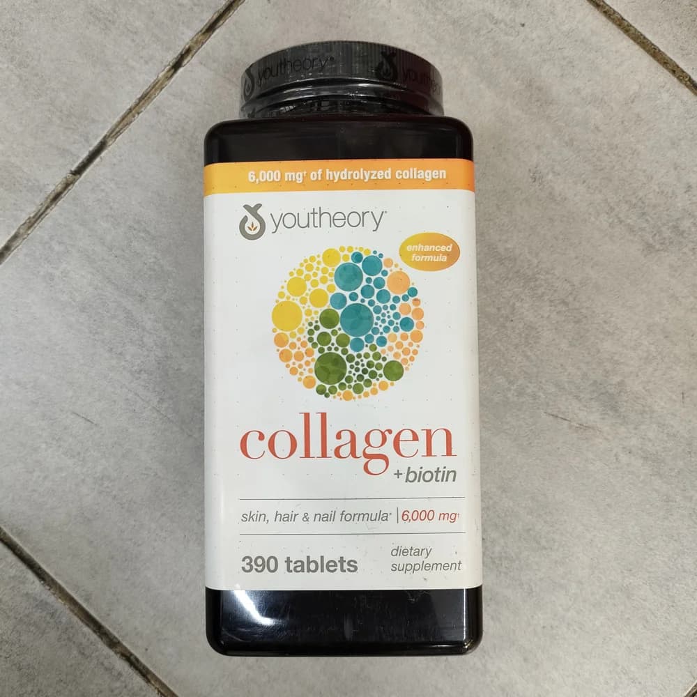 Youtheory Collagen + Biotin 6000 mg hydrolyzed collagen + 3000 mcg Biotin + 90 mg Vitamin C per 6-tablet serving