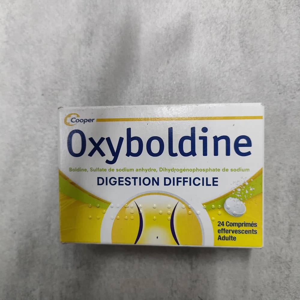 Oxyboldine Boldine 0.5 mg / Sodium sulfate anhydrous 54 mg / Sodium dihydrogen phosphate 132 mg per effervescent tablet