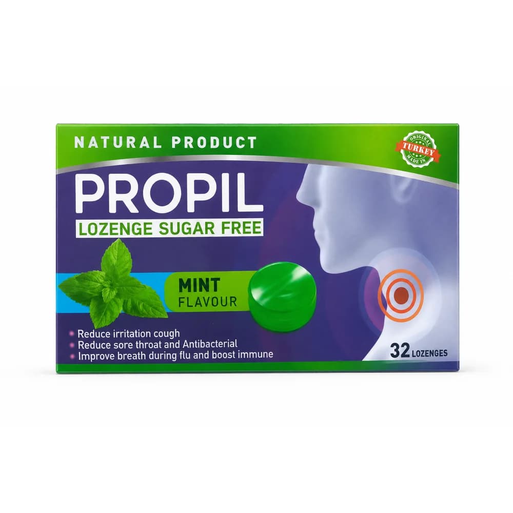 Propil Sugar Free Mint Lozenges Sugar-free mint lozenges with eucalyptus, menthol, thyme, honey, mint, sage and clove oils