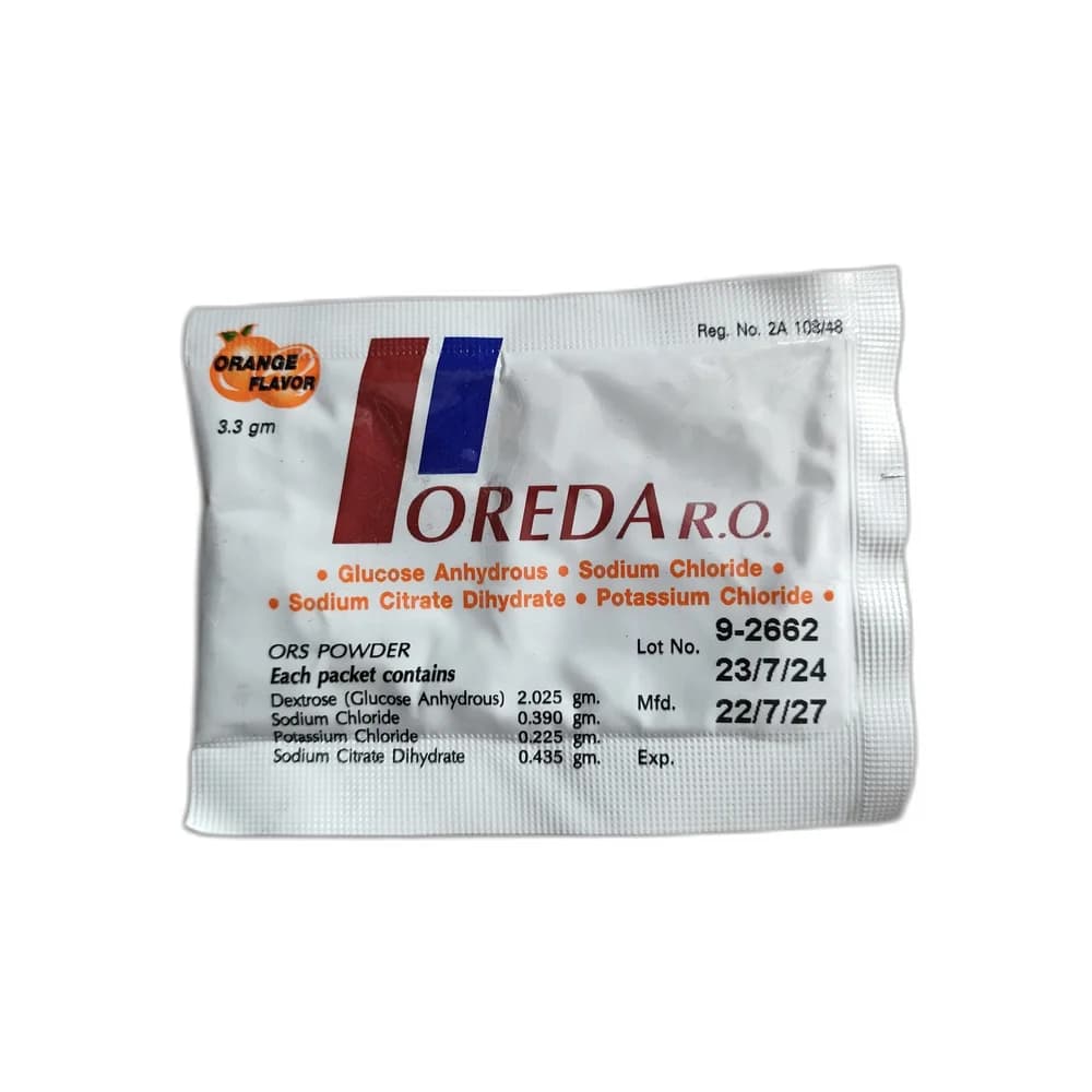 Oreda R.O. 3.3 gm per sachet. Dissolve 1 packet in 150 ml water.