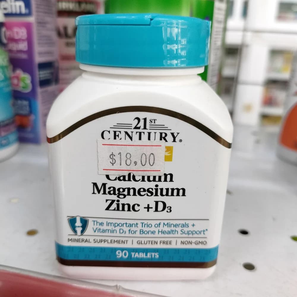 21st Century Calcium Magnesium Zinc + D3 Per 3-tablet serving: Calcium 1000 mg, Magnesium 400 mg, Zinc 15 mg, Vitamin D3 400 IU
