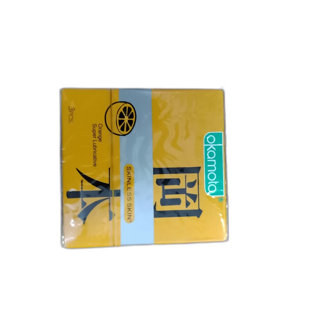 Okamoto Skinless Skin Orange Nominal width 53 ± 2 mm; nominal length 185 ± 7 mm; 3 pieces per box