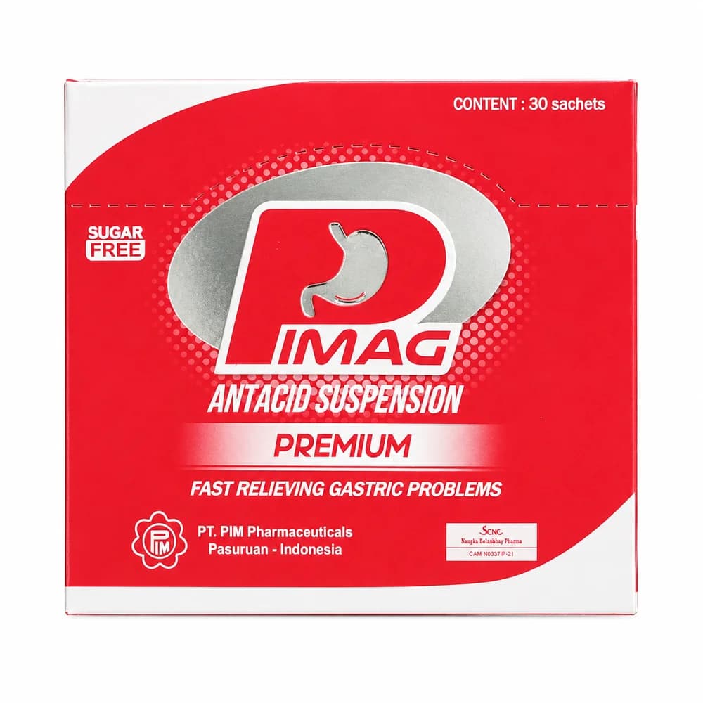 Pimag Premium Aluminium hydroxide dried gel 600 mg + magnesium hydroxide 600 mg + simethicone 160 mg per 14 mL sachet