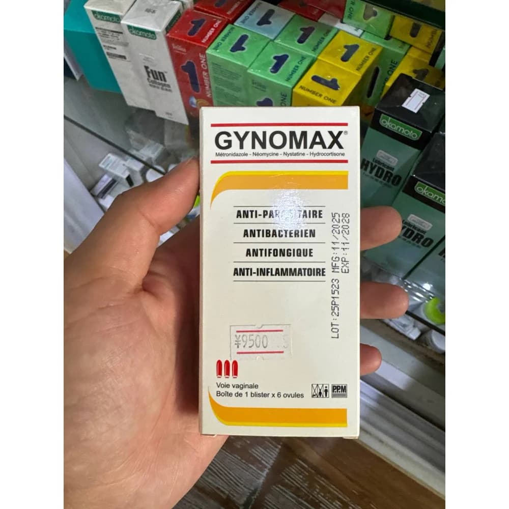 Gynomax Metronidazole 250 mg + neomycin sulfate 100 mg + nystatin 100,000 IU + hydrocortisone acetate 5 mg per vaginal ovule; 6 ovules