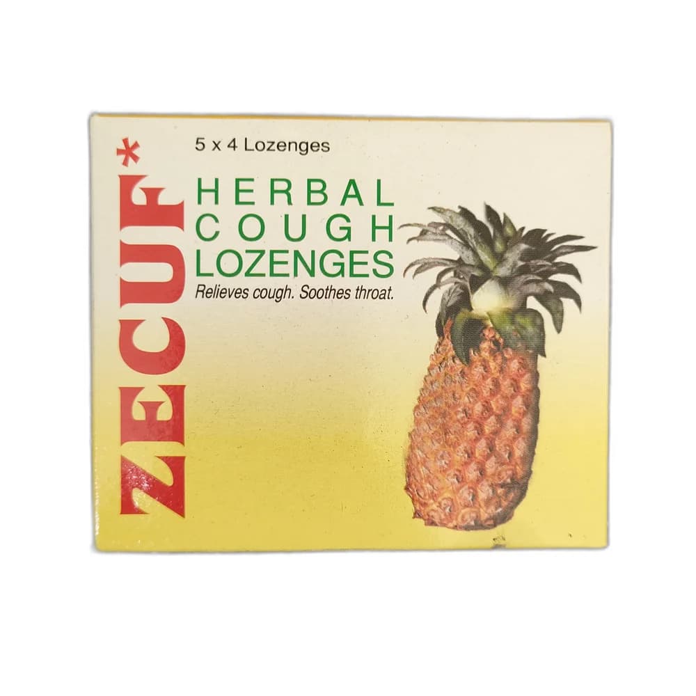 Zecuf Herbal Cough Lozenges (Pineapple) Per lozenge: Glycyrrhiza glabra 15 mg, Zingiber officinale 10 mg, Emblica officinalis 10 mg, Menthol 7 mg