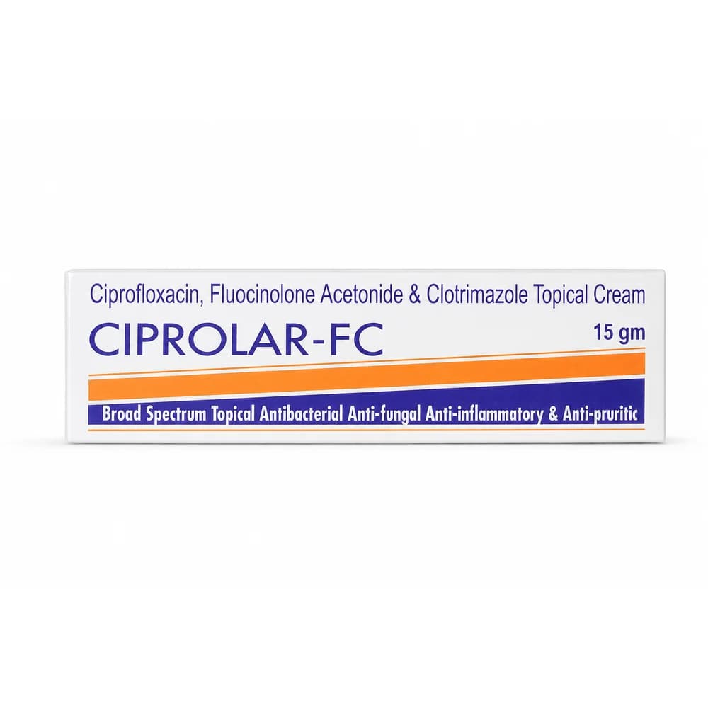 Ciprolar-FC Ciprofloxacin hydrochloride equivalent to ciprofloxacin 0.5% w/w, fluocinolone acetonide 0.025% w/w and clotrimazole 1% w/w