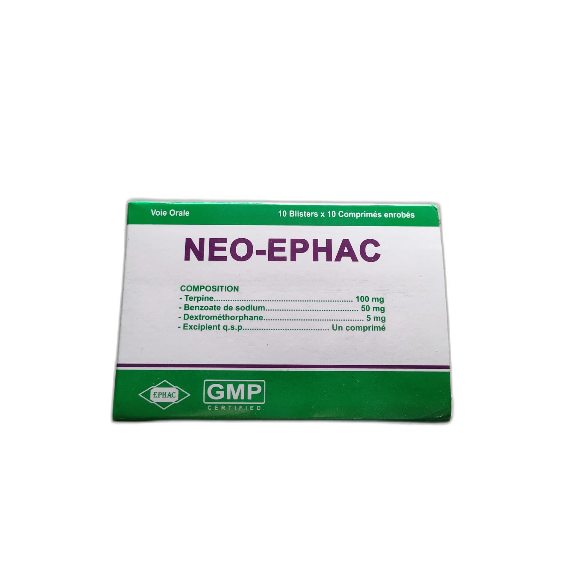 NEO-EPHAC Terpine 100mg, benzoate de sodium 50mg, Dextromethorphane 5mg 