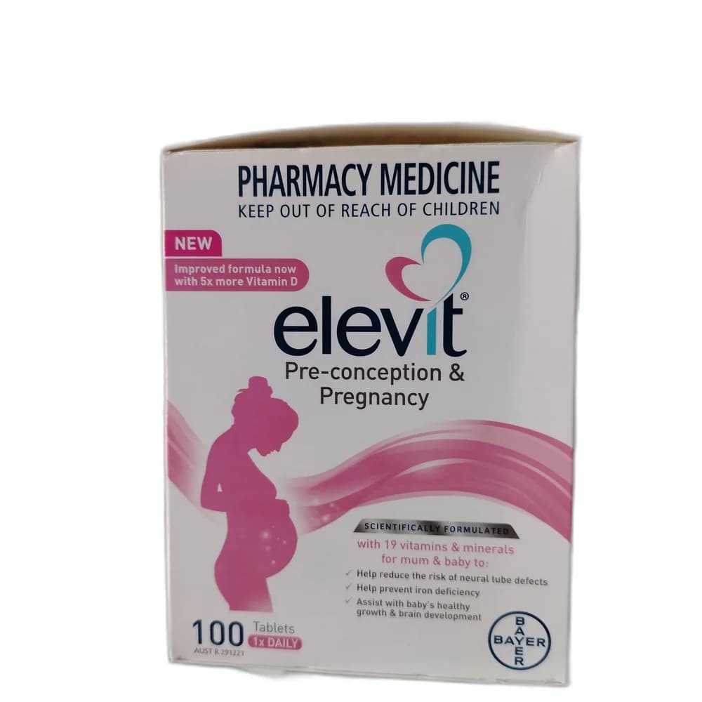 Elevit Folic Acid 800 mcg / Iodine 220 mcg / Iron 60 mg / Vitamin D3 25 mcg (1000 IU) / Vitamin B1 1.4 mg / Vitamin B2 1.4 mg / Vitamin B3 18 mg / Vitamin B5 6 mg / Vitamin B6 1.9 mg / Vitamin B7 30 mcg / Vitamin B12 2.6 mcg / Vitamin C 85 mg / Vitamin E 18.7 mg / Calcium 125 mg / Copper 1 mg / Magnesium 100 mg / Manganese 1.9 mg / Selenium 50 mcg / Zinc 11 mg per tablet