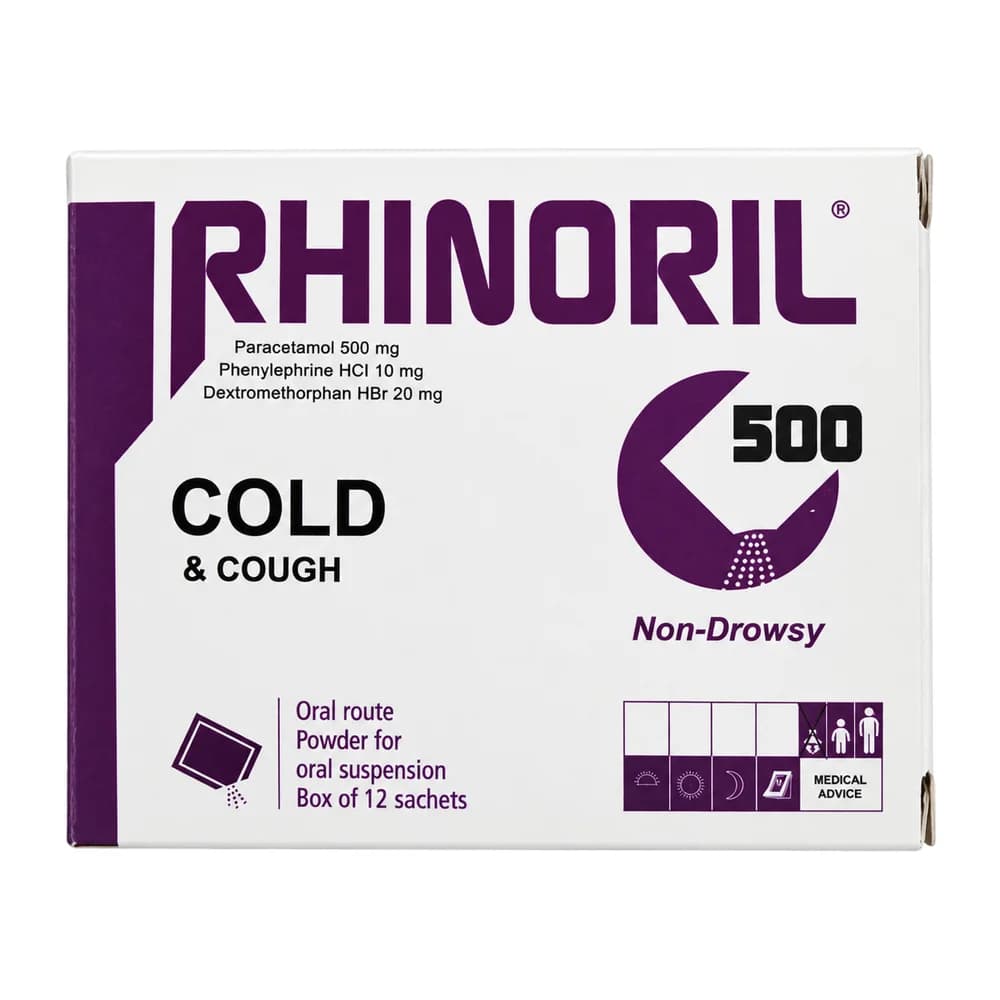 Rhinoril 500 mg (Rhume & Toux) Paracetamol 500 mg; phenylephrine hydrochloride 10 mg; dextromethorphan hydrobromide 20 mg