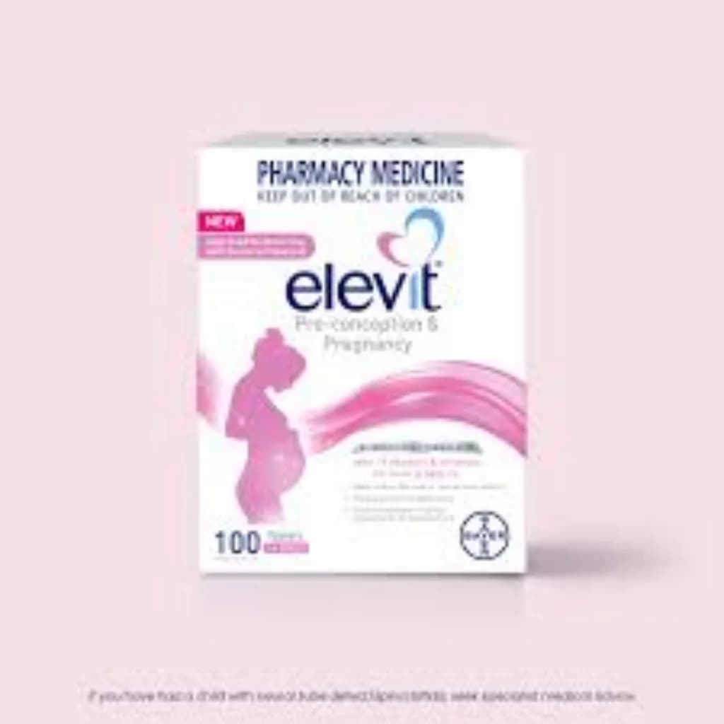Elevit Pre-conception & Pregnancy 1 tablet daily. Per tablet: Folic Acid 800 mcg, Iodine 220 mcg, Iron 60 mg, Vitamin D3 25 mcg (1000 IU), plus 19 vitamins & minerals