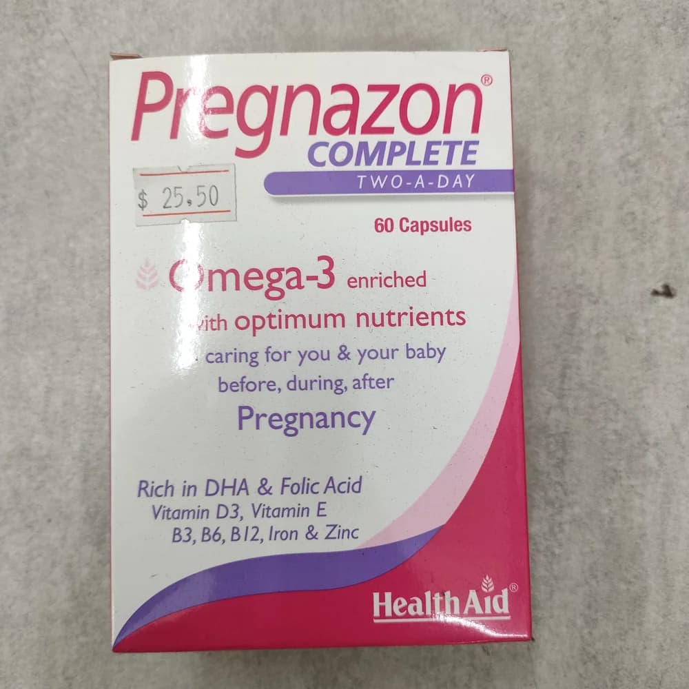 HealthAid Pregnazon Complete Two-a-day. Per 2 capsules: 800 mcg Folic Acid, 25 mcg Vitamin D3, 19 vitamins & minerals plus Omega-3 (DHA 308 mg, EPA 80 mg)