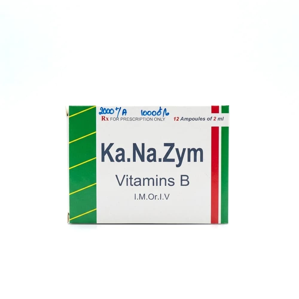 Ka.Na.Zym Vitamins B Per 2 mL ampoule: thiamine hydrochloride 1 mg, riboflavin sodium phosphate 4 mg, nicotinamide 40 mg, pyridoxine hydrochloride 4 mg, and dexpanthenol 6 mg