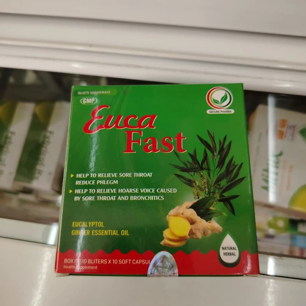 Euca Fast Eucalyptol 100 mg / Camphora 12 mg / Mint oil 0.5 mg / Ginger oil 0.5 mg / Mandarin oil 0.5 mg / Coleus oil 0.36 mg per soft capsule