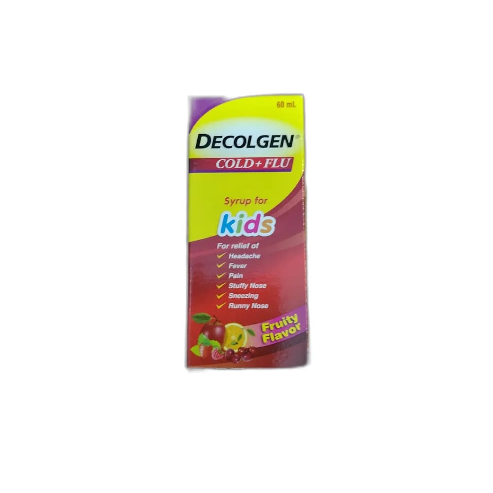 Decolgen Cold + Flu Syrup for Kids Each 5 mL contains Paracetamol 100 mg, Phenylephrine Hydrochloride 2.5 mg, Chlorpheniramine Maleate 0.33 mg