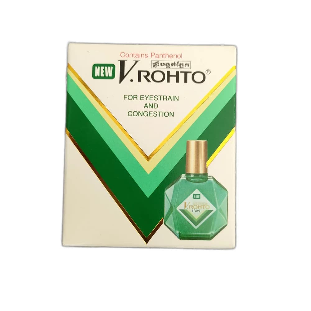 New V.Rohto Eye Drops 13 mL (Panthenol 13 mg, Vit B6 6.5 mg, Potassium L-Aspartate 130 mg, Dipotassium Glycyrrhizinate 13 mg, Chlorpheniramine Maleate 1.3 mg, Sodium Chondroitin Sulfate 13 mg, Tetrahydrozoline HCl 1.3 mg)