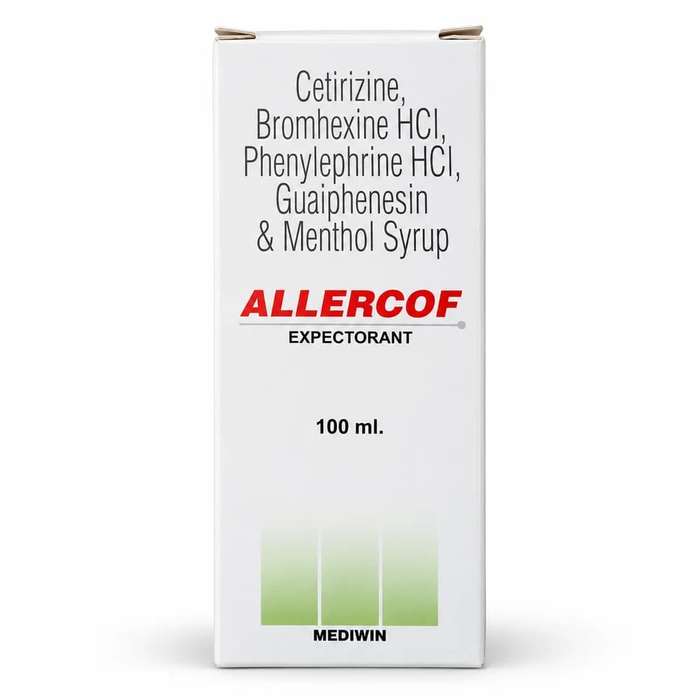 Allercof Per 5 mL: cetirizine dihydrochloride 2.5 mg, bromhexine hydrochloride 4 mg, phenylephrine hydrochloride 5 mg, guaiphenesin 50 mg, and menthol 1 mg