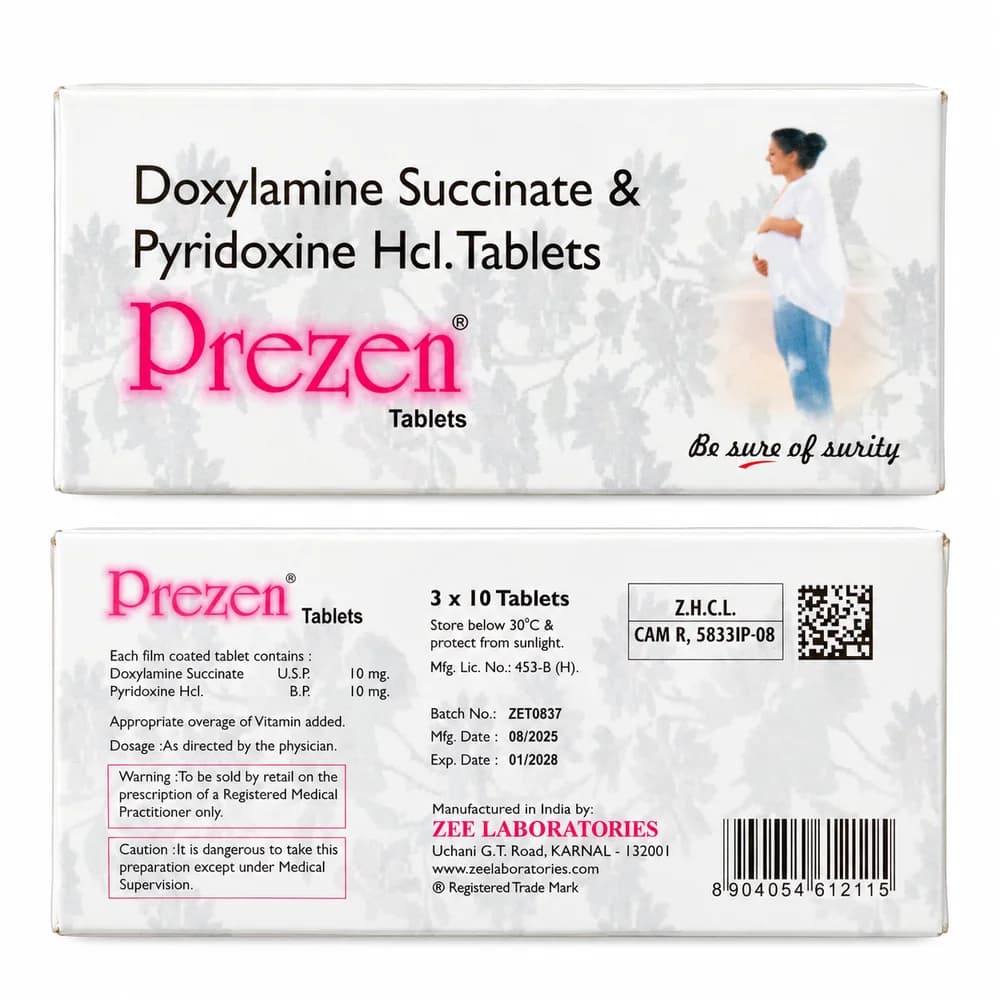 Prezen Doxylamine succinate 10 mg + pyridoxine hydrochloride 10 mg per tablet