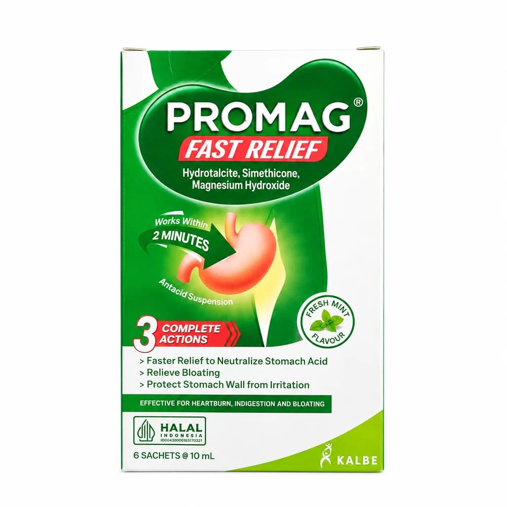 Promag Fast Relief Fresh Mint Hydrotalcite 400 mg / Magnesium hydroxide 300 mg / Simethicone 100 mg per 10 mL