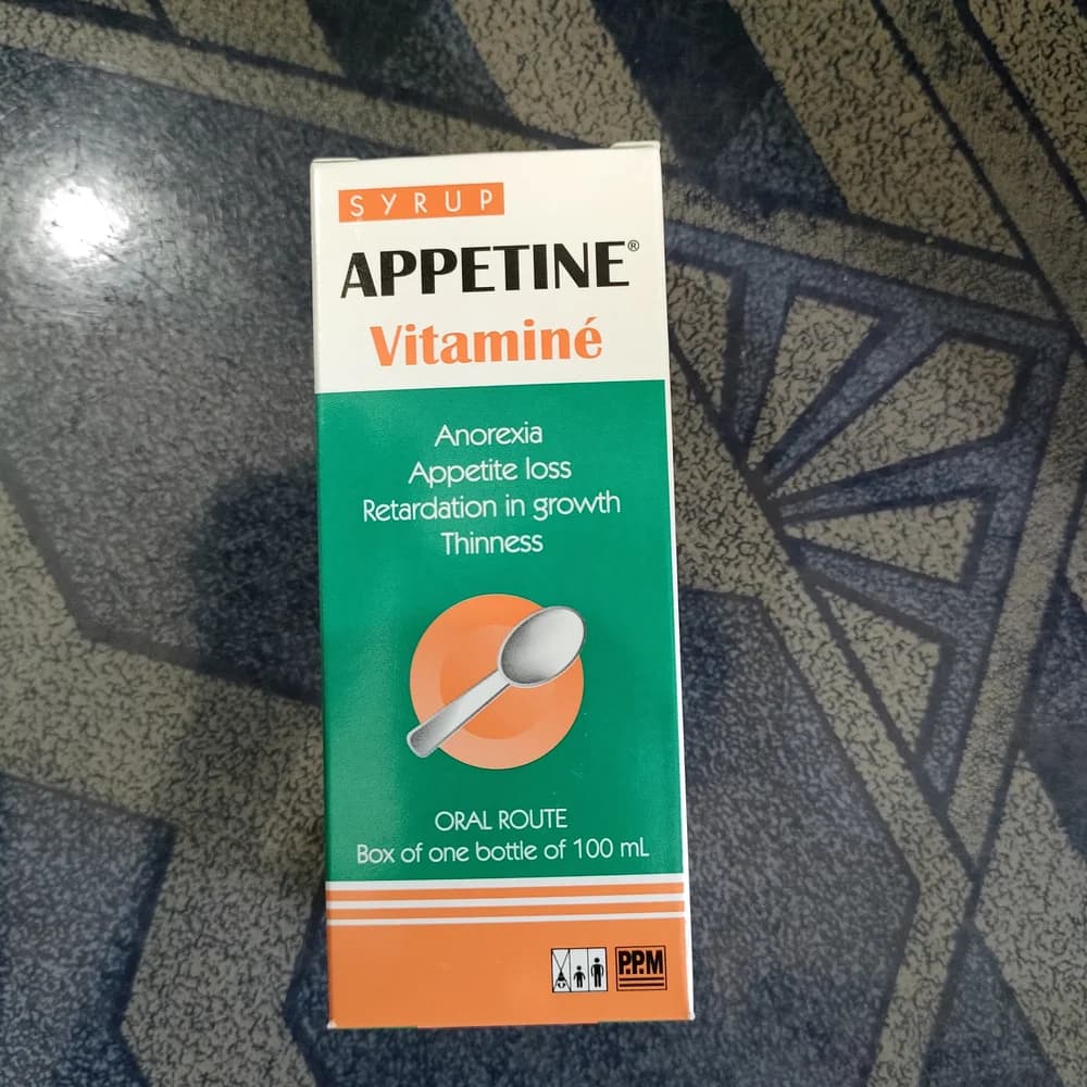 Appetine Vitamine Cyproheptadine hydrochloride 2 mg, L-Lysine HCl monohydrate 150 mg, Thiamine hydrochloride 5 mg, Pyridoxine hydrochloride 5 mg, Nicotinamide 10 mg, Cyanocobalamin 1.5 µg, Riboflavin sodium phosphate 1 mg per 5 ml