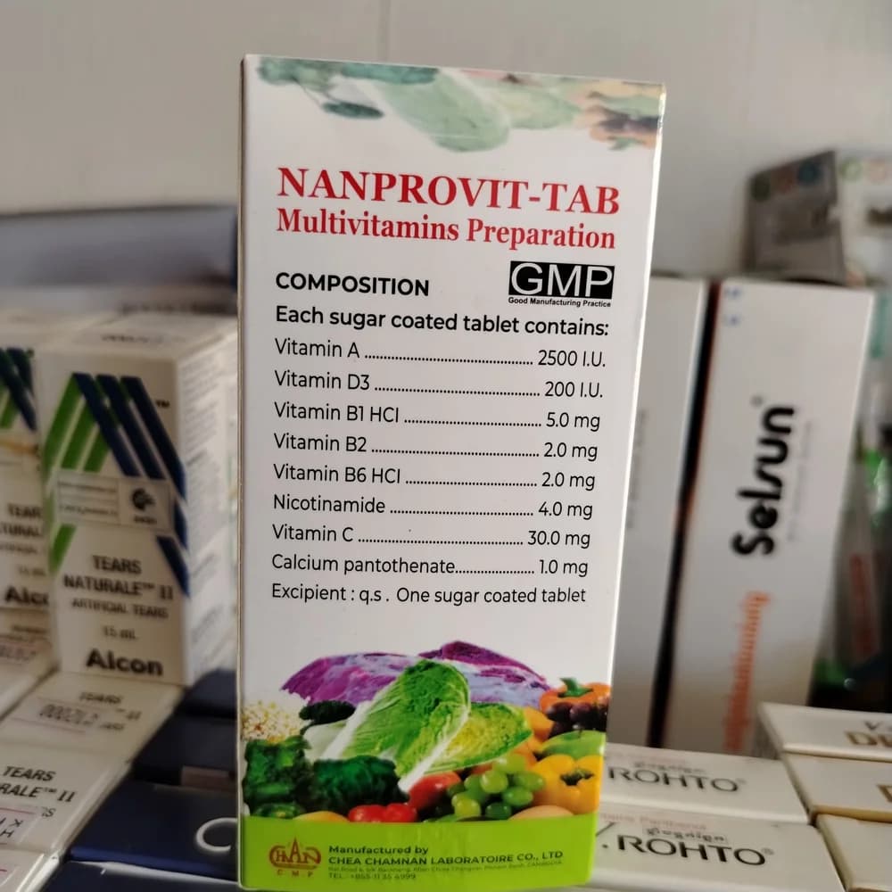 Nanprovit-Tab Vitamin A 2500 IU, Vitamin D3 200 IU, Vitamin B1 5 mg, Vitamin B2 2 mg, Vitamin B6 2 mg, Nicotinamide 4 mg, Vitamin C 30 mg, Calcium pantothenate 1 mg