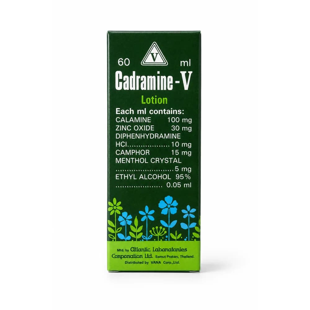 Cadramine-V Lotion Calamine 100 mg/ml, zinc oxide 30 mg/ml, diphenhydramine HCl 10 mg/ml, camphor 15 mg/ml, menthol crystal 5 mg/ml