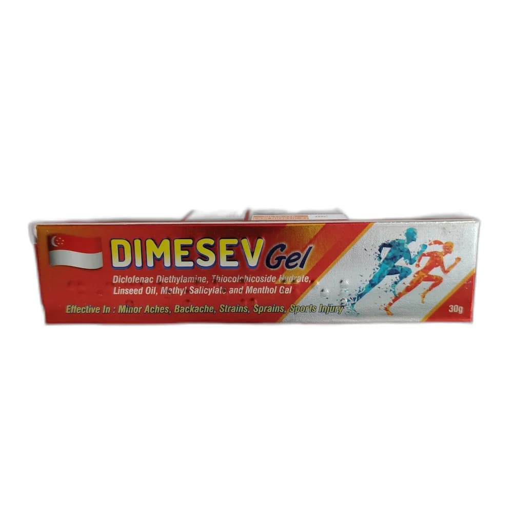 Dimesev Per gram: Diclofenac diethylamine BP 11.6 mg (equiv. to diclofenac sodium 10 mg), Thiocolchicoside hydrate BP 1.25 mg, Linseed oil BP 30 mg, Methyl salicylate BP 100 mg, Levomenthol BP 50 mg