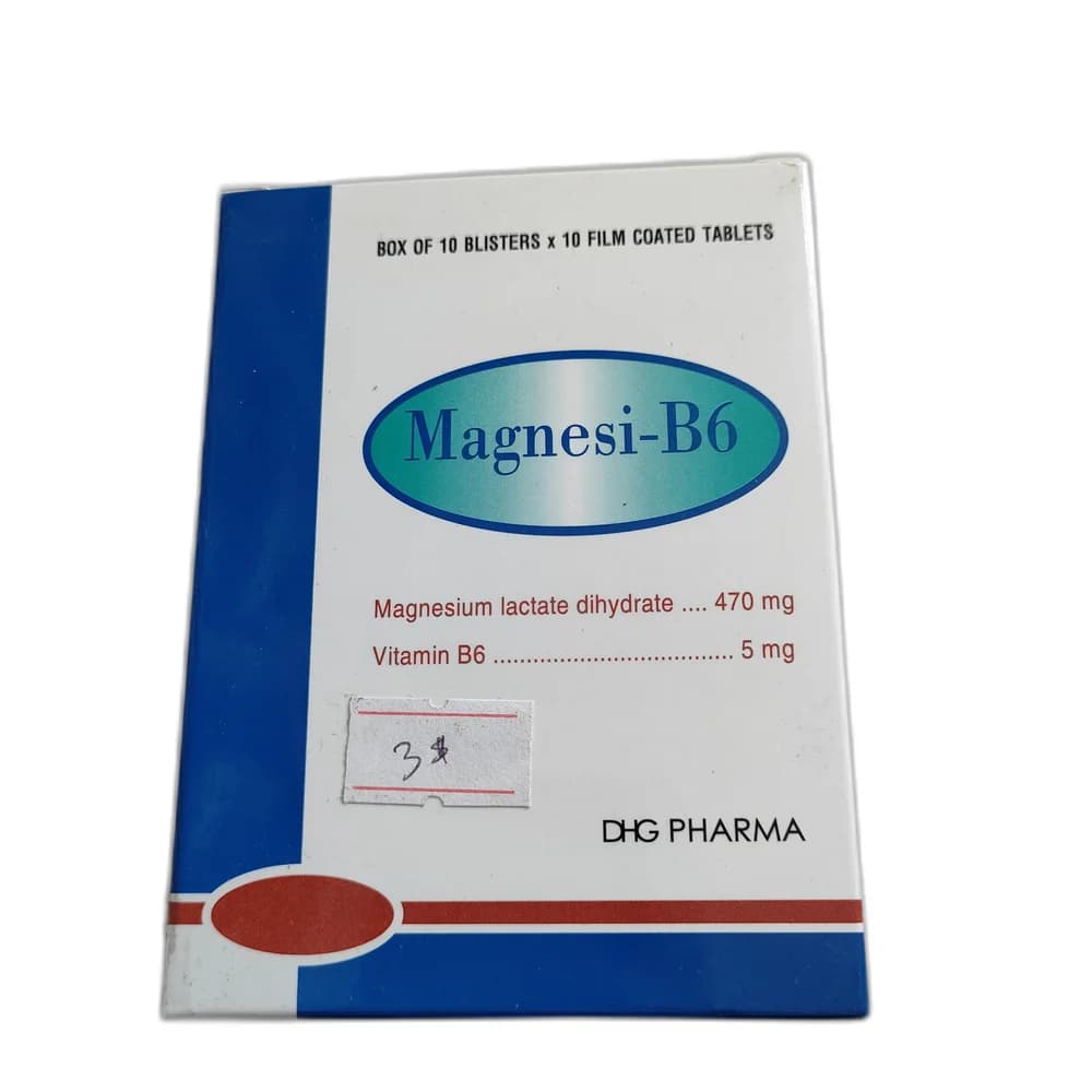 Magnesi-B6 470 mg Magnesium lactate dihydrate, 5 mg Vitamin B6 per film-coated tablet