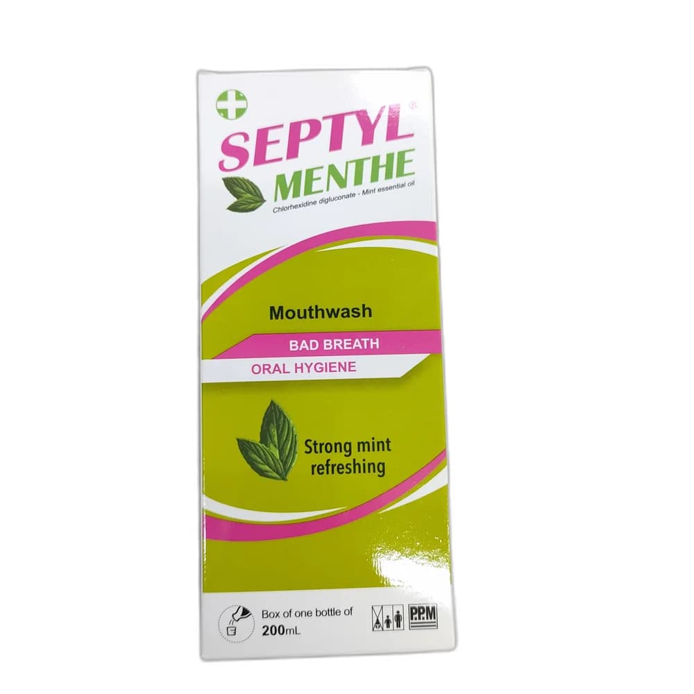 Septyl Menthe Chlorhexidine digluconate 20% solution 1 mL / mint essential oil 0.5 mL per 200 mL