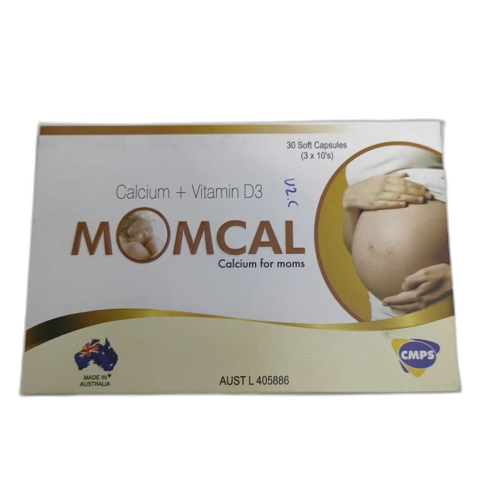Momcal 625 mg calcium carbonate (equivalent to 250 mg calcium) + 10 micrograms colecalciferol (400 IU Vitamin D3) per soft capsule