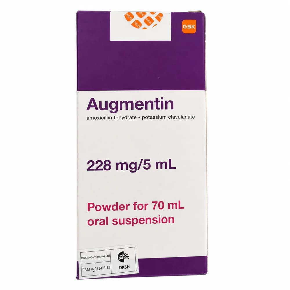 Augmentin 228 mg/5 mL (200 mg amoxicillin/28.5 mg clavulanic acid per 5 mL)