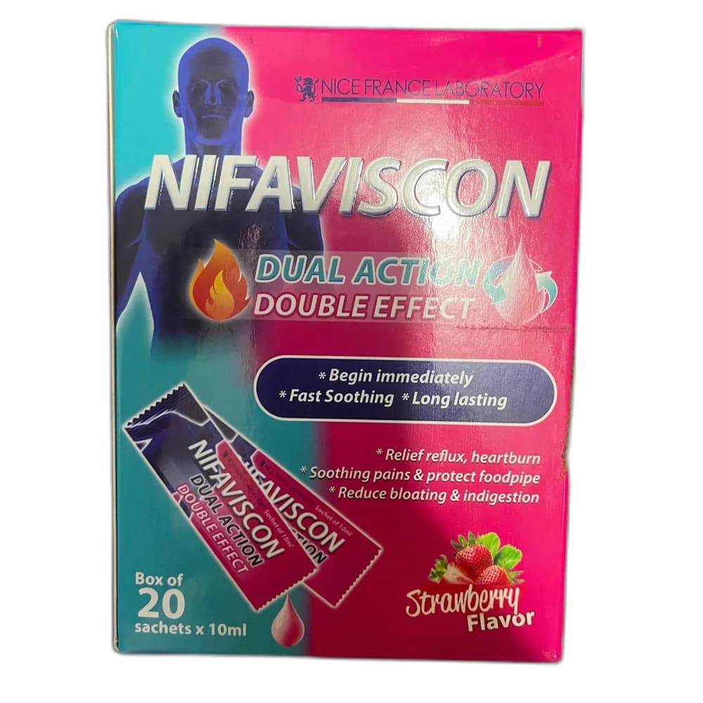 Nifaviscon Each 10 mL sachet contains sodium alginate 500 mg, sodium bicarbonate 213 mg, calcium carbonate 325 mg, and magnesium hydroxide 196 mg