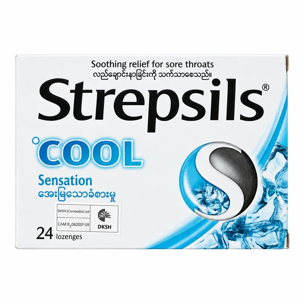 Strepsils Cool menthol lozenge: 2,4-Dichlorobenzyl Alcohol 1.2 mg / Amylmetacresol 0.6 mg / Menthol 7.0 mg