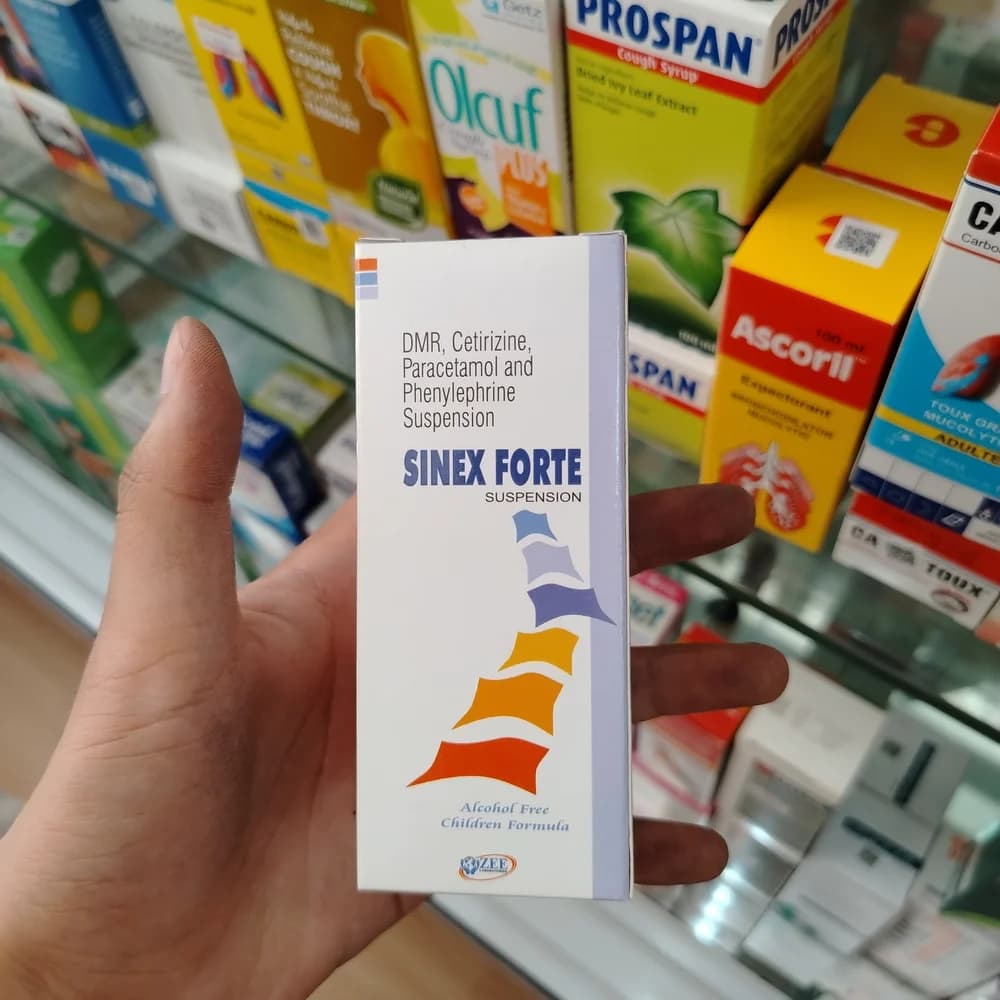 Sinex Forte Dextromethorphan 5 mg + cetirizine 2.5 mg + phenylephrine 5 mg + paracetamol 125 mg per 5 mL; 60 mL suspension
