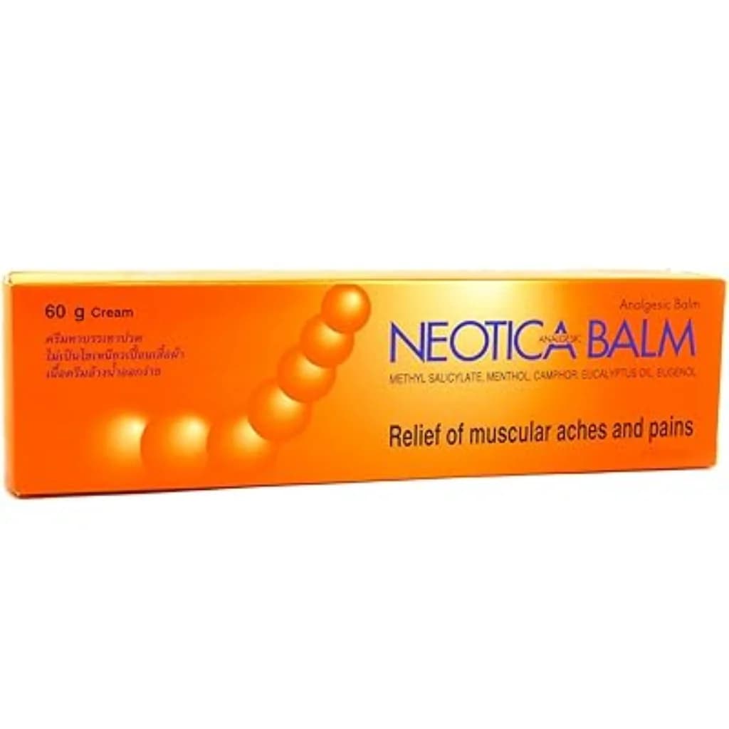 Neotica Balm 60g Methyl salicylate 12.5 g, Menthol 5.64 g, Camphor 1.8 g, Eucalyptus Oil 1.8 g, Eugenol 1.36 g, Washable base qs to 100 g