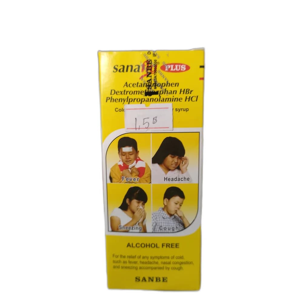 Sanaflu Plus 60 mL syrup (Acetaminophen 120 mg, Dextromethorphan HBr 7.5 mg, Phenylpropanolamine HCl 3.5 mg per 5 mL)