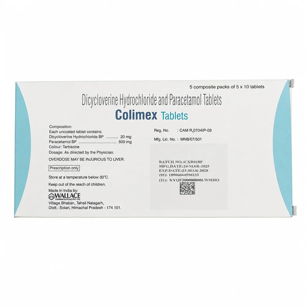 Colimex Dicycloverine hydrochloride 20 mg / Paracetamol 500 mg per tablet