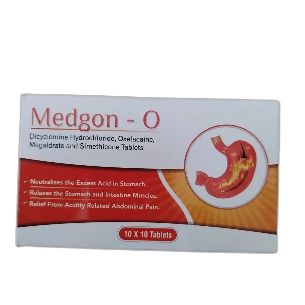 Medgon-O Dicyclomine HCl 10 mg / Oxetacaine 10 mg / Magaldrate (anhydrous) 400 mg / Simethicone 25 mg per film-coated tablet