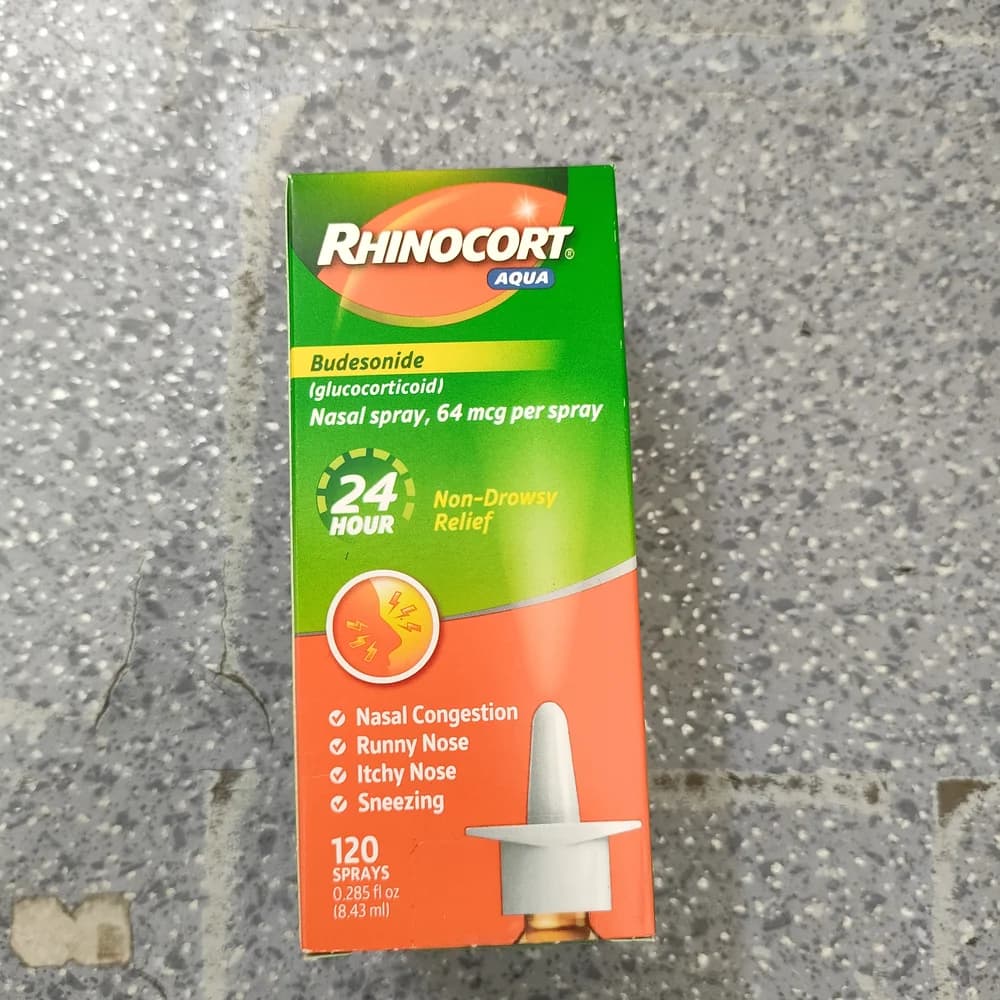 Rhinocort Aqua Nasal Spray Budesonide 64 mcg per spray (1 mL contains 1.28 mg); 120 sprays per 8.43 mL bottle