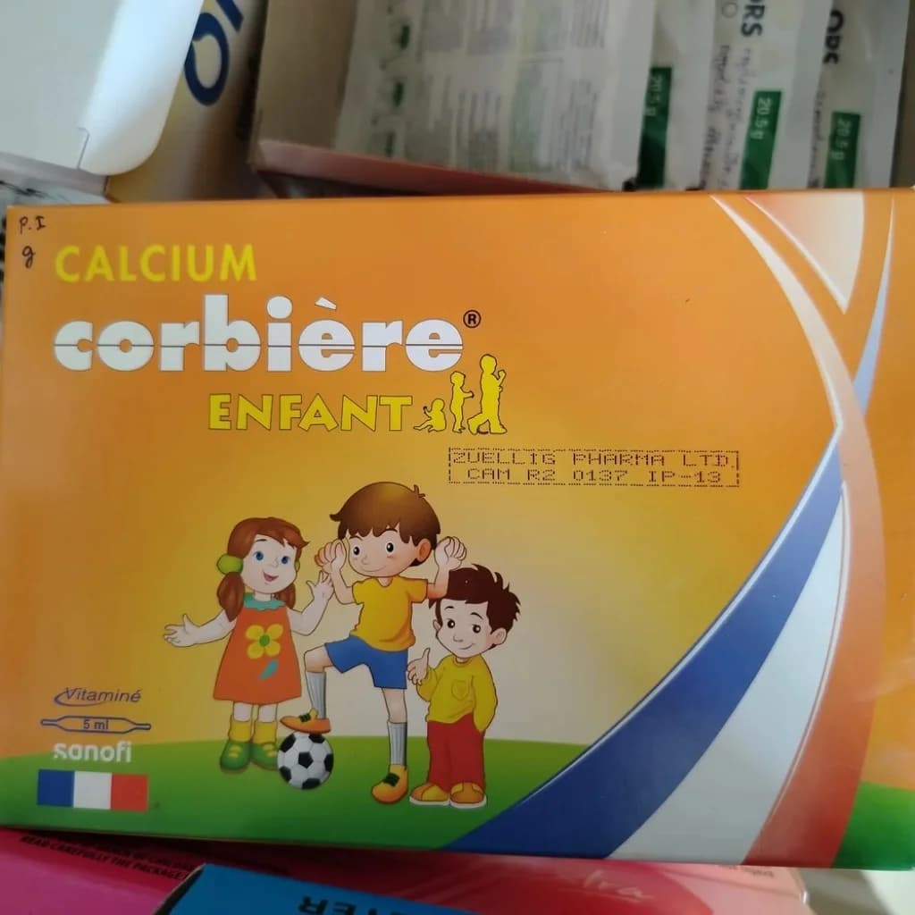 Calcium Corbiere Enfant Calcium glucoheptonate 0.550 g, Vitamin C 0.050 g, Vitamin PP 0.025 g per 5 ml ampoule