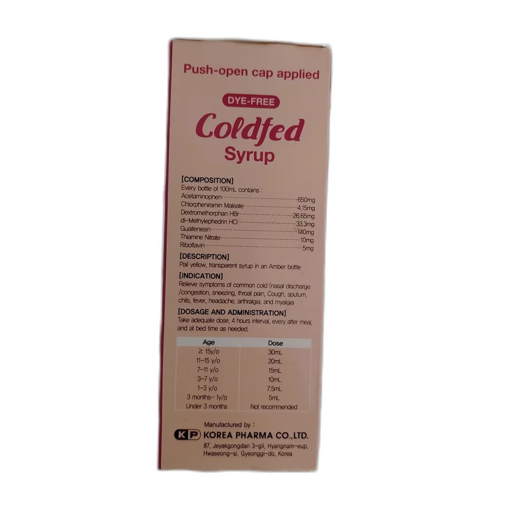 Coldfed Per 100 mL: Acetaminophen 650 mg, Chlorpheniramine maleate 4.15 mg, Dextromethorphan HBr 26.65 mg, dl-Methylephedrine HCl 33.3 mg, Guaifenesin 140 mg, Thiamine nitrate 10 mg, Riboflavin 5 mg